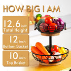 WILDMOS 2-tier Fruit Basket Bowl,Metal Basket with Wooden Base,Fruit and