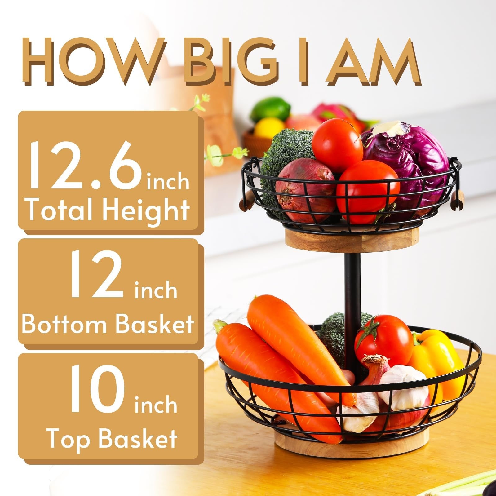 WILDMOS 2-tier Fruit Basket Bowl,Metal Basket with Wooden Base,Fruit and