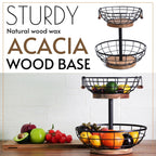 WILDMOS 2-tier Fruit Basket Bowl,Metal Basket with Wooden Base,Fruit and