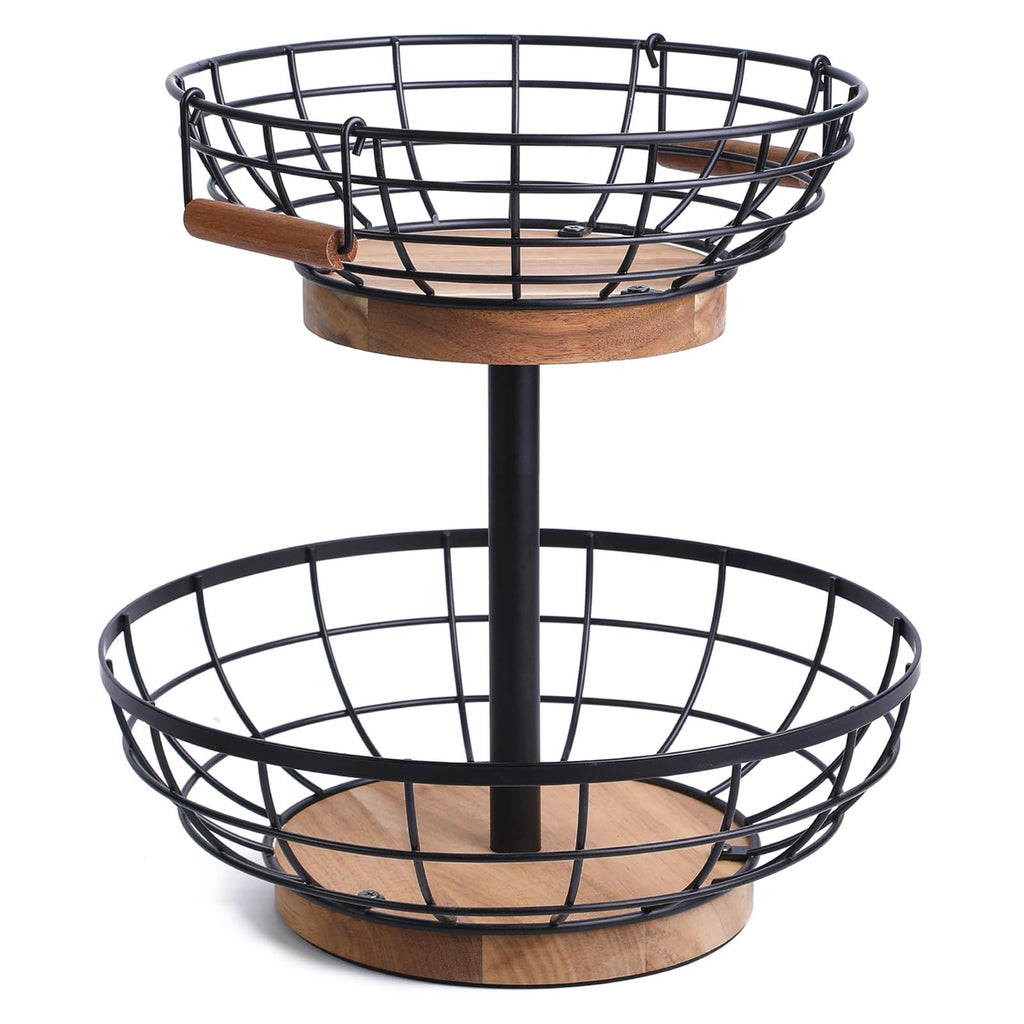 WILDMOS 2-tier Fruit Basket Bowl,Metal Basket with Wooden Base,Fruit and