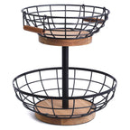 WILDMOS 2-tier Fruit Basket Bowl,Metal Basket with Wooden Base,Fruit and
