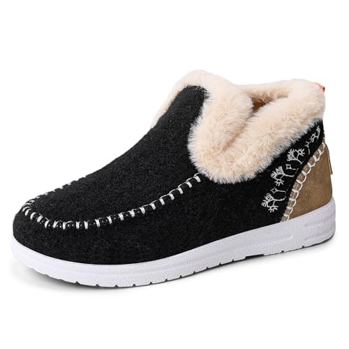 EGGDK Women's Winter Warm Slippers Comfortable Fur Lining Slip-On House Shoes Indoor Outdoor Anti-Slip Winter Booties (Black,7)