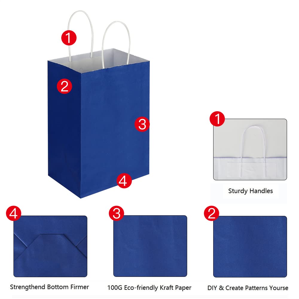 Oikss 50 Pack 5.25x3.25x8.25 Inch Small Royal Blue Kraft Paper Bags with Handles