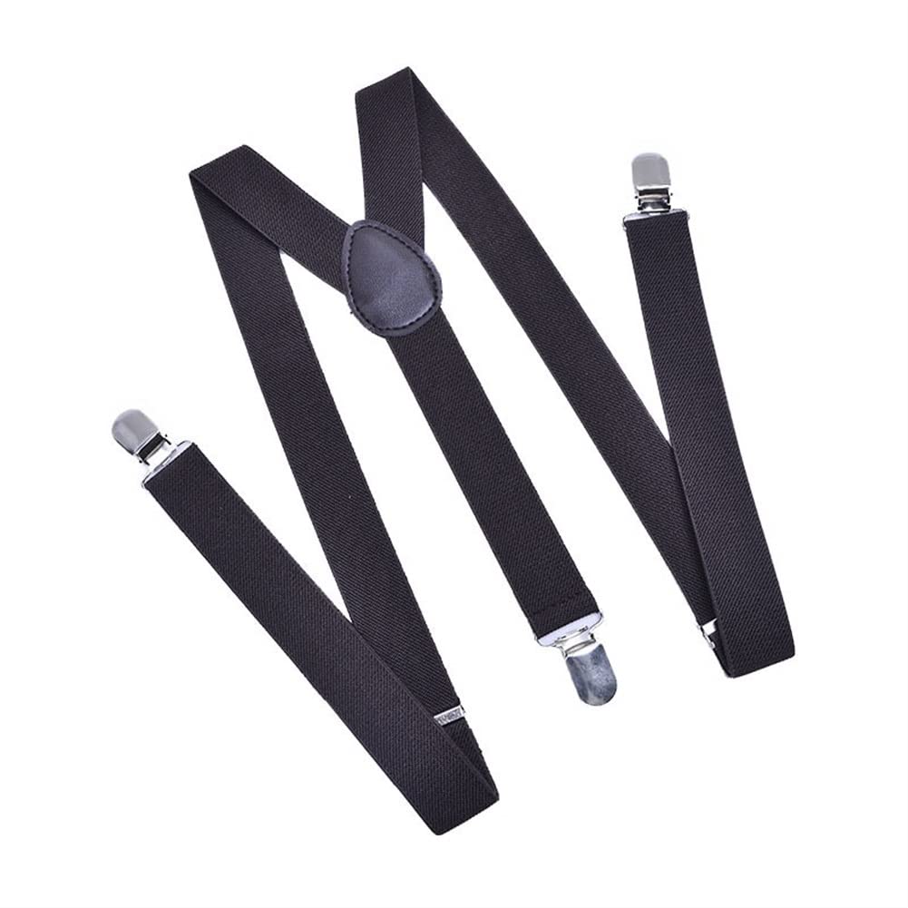 HOOENG Men's Y-Back Suspenders Adjustable 3 Metal Clips 1" Black