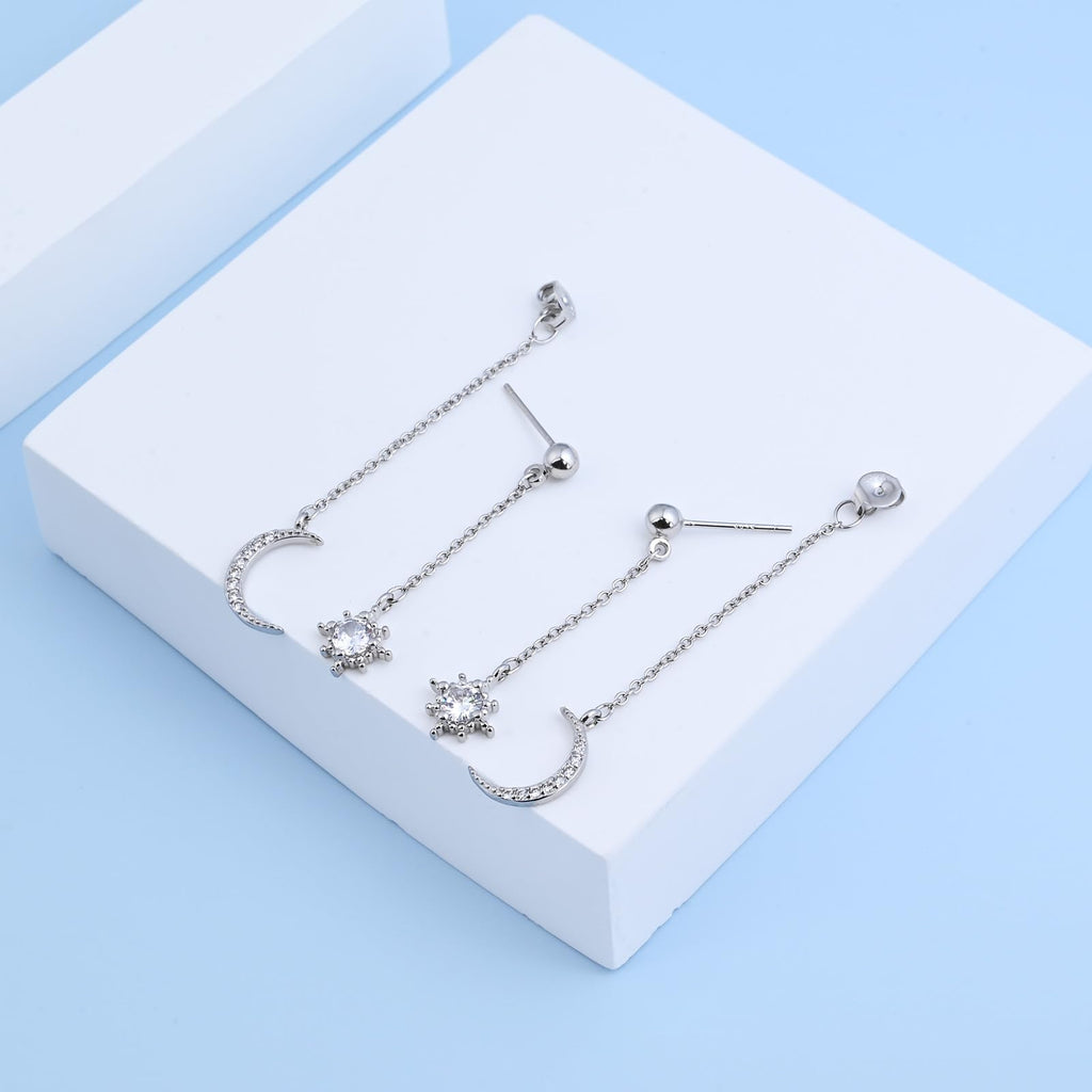 Watforsh Moon and Star Dangle Earrings for Women Chain Tassel with Cubic