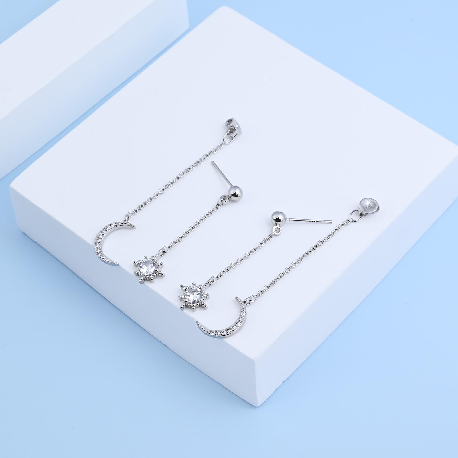 Watforsh Moon and Star Dangle Earrings for Women Chain Tassel with Cubic