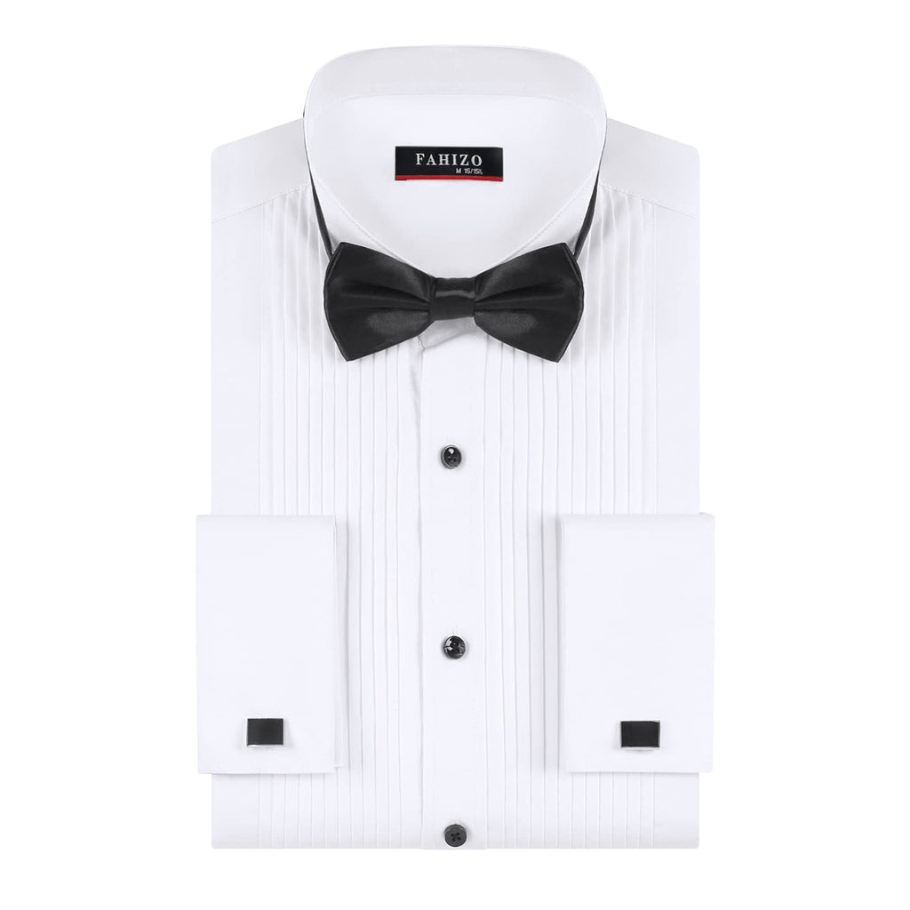 FAHIZO Mens White Tuxedo Shirt Wing Collar French Cuffs Formal Dress Shirt