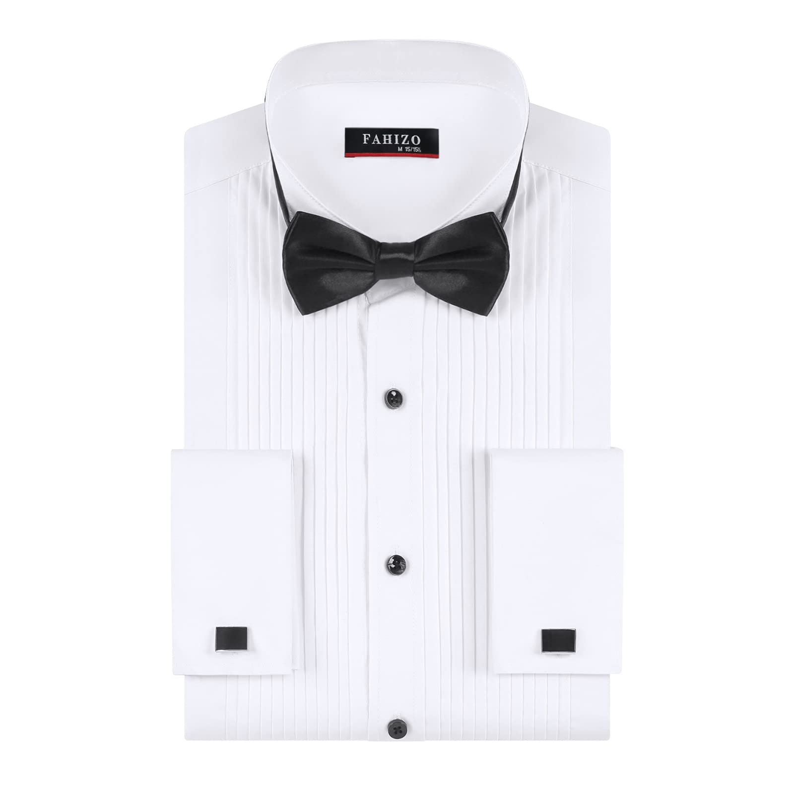 FAHIZO Mens White Tuxedo Shirt Wing Collar French Cuffs Formal Dress Shirt