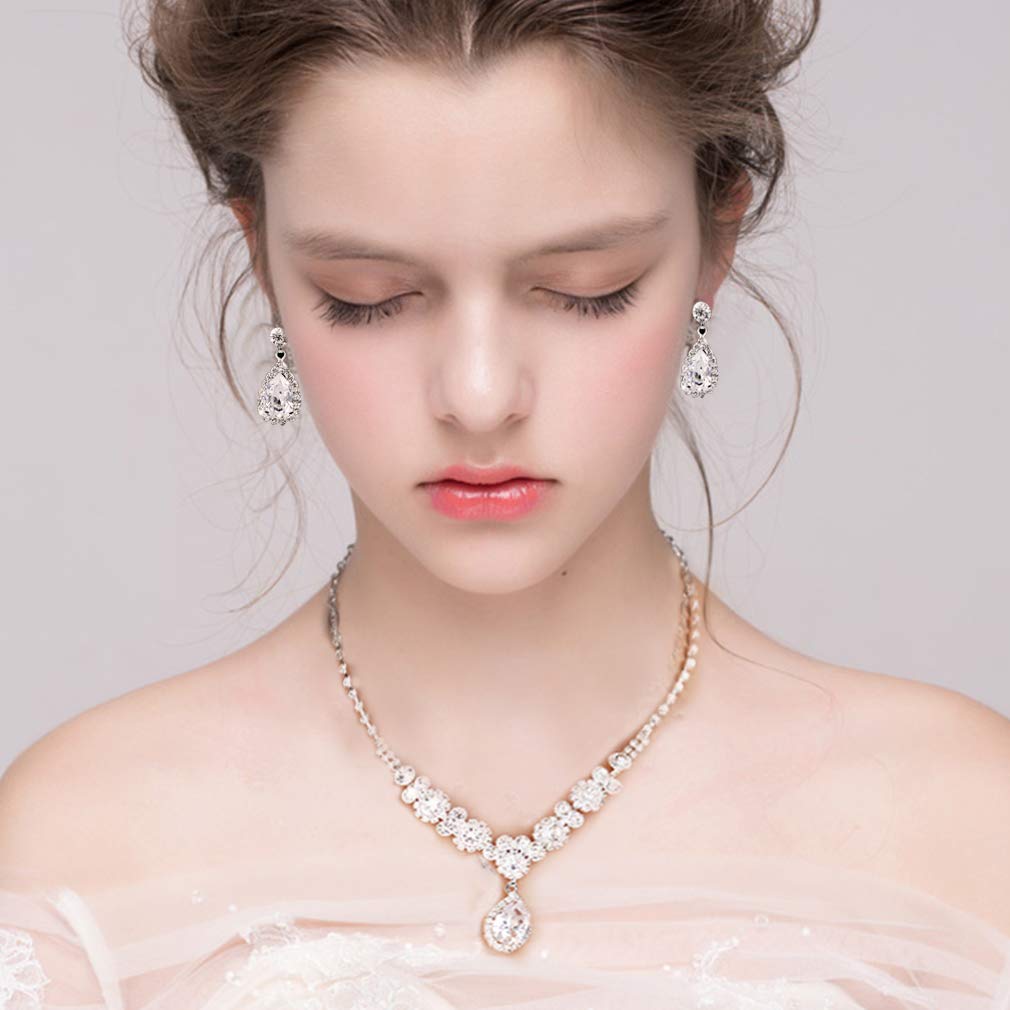 COCIDE Silver Jewelry Set Women Crystal Tiara Necklace Earrings Set
