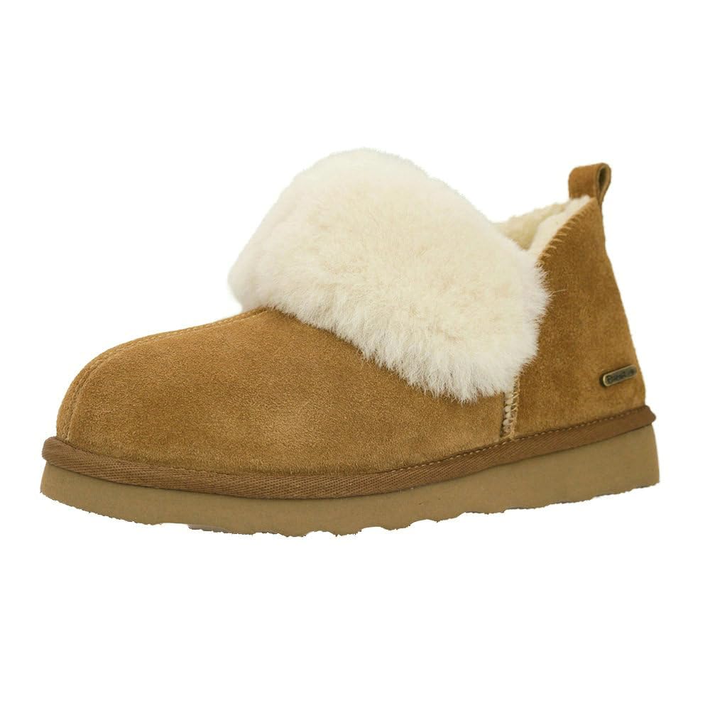 PAMIR Women's Winter Warm House Shoes & Slipper Boots - Indoor Outdoor Ankle Booties with Genuine Suede, Sheepskin Trim & Memory Foam, Chestnut, Size 8 US