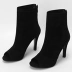 SHEMEE Womens Peep Toe Stiletto Ankle Booties Faux Suede Open Toe Black 6