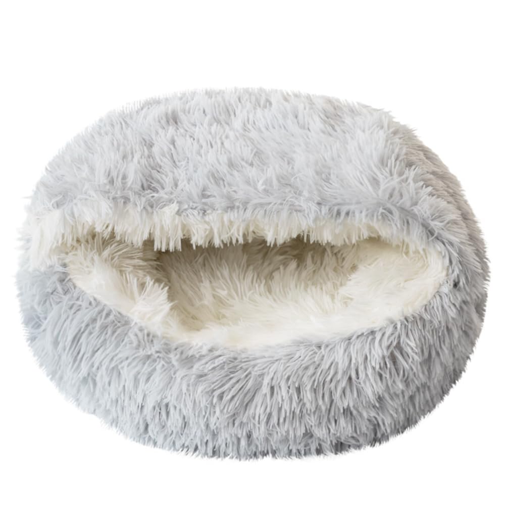 Hooded Cat Bed Cave Round Donut 19.69 inch Plush Anti-Anxiety Calming Dog Bed
