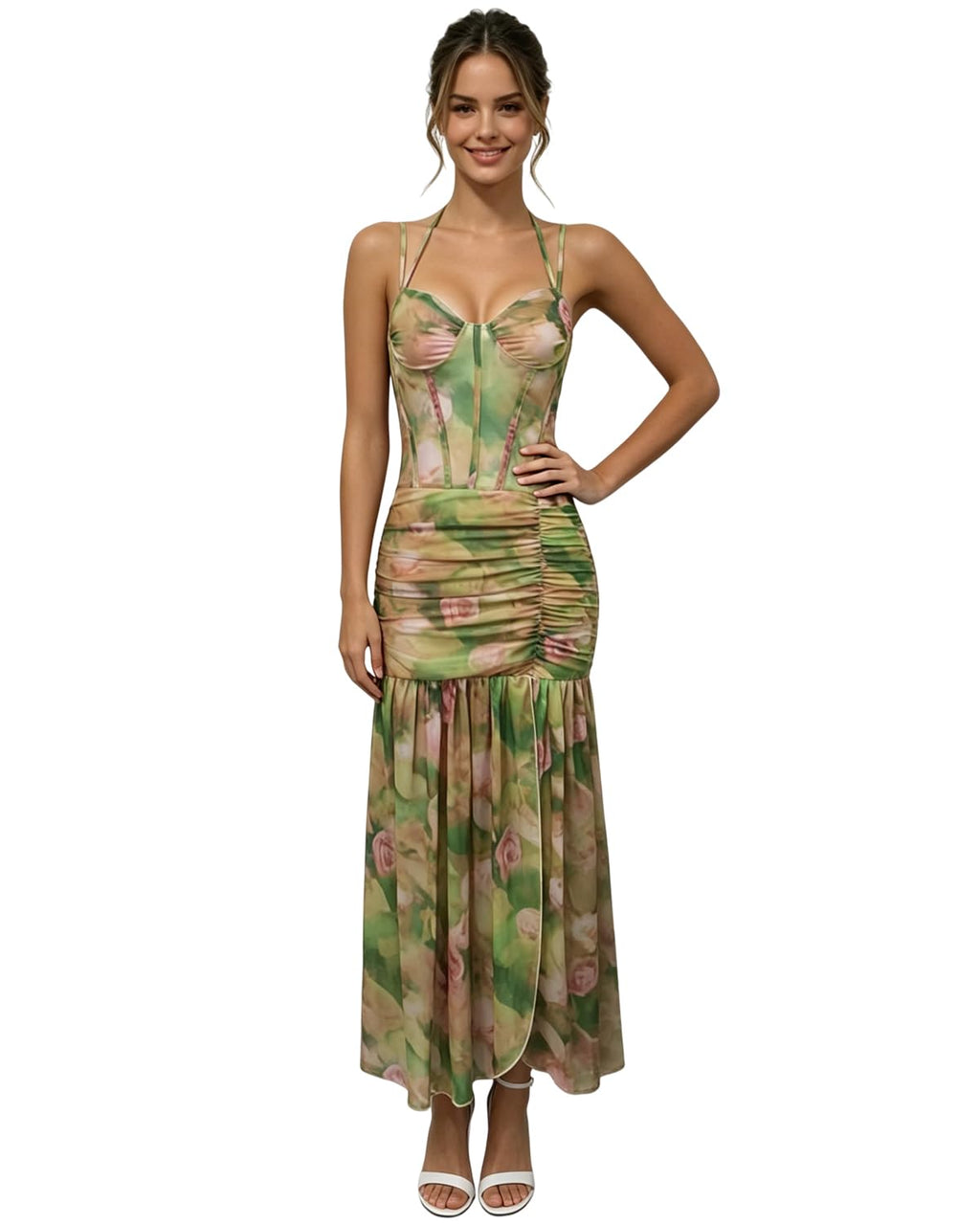 AIBEARTY Women's Small Sexy Sleeveless Floral Print Ruched Long Maxi Dress