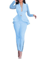 Women's Lace Long Sleeve Sheer Mesh Ruffle Blazer Bodycon Two Piece Outfits Suit