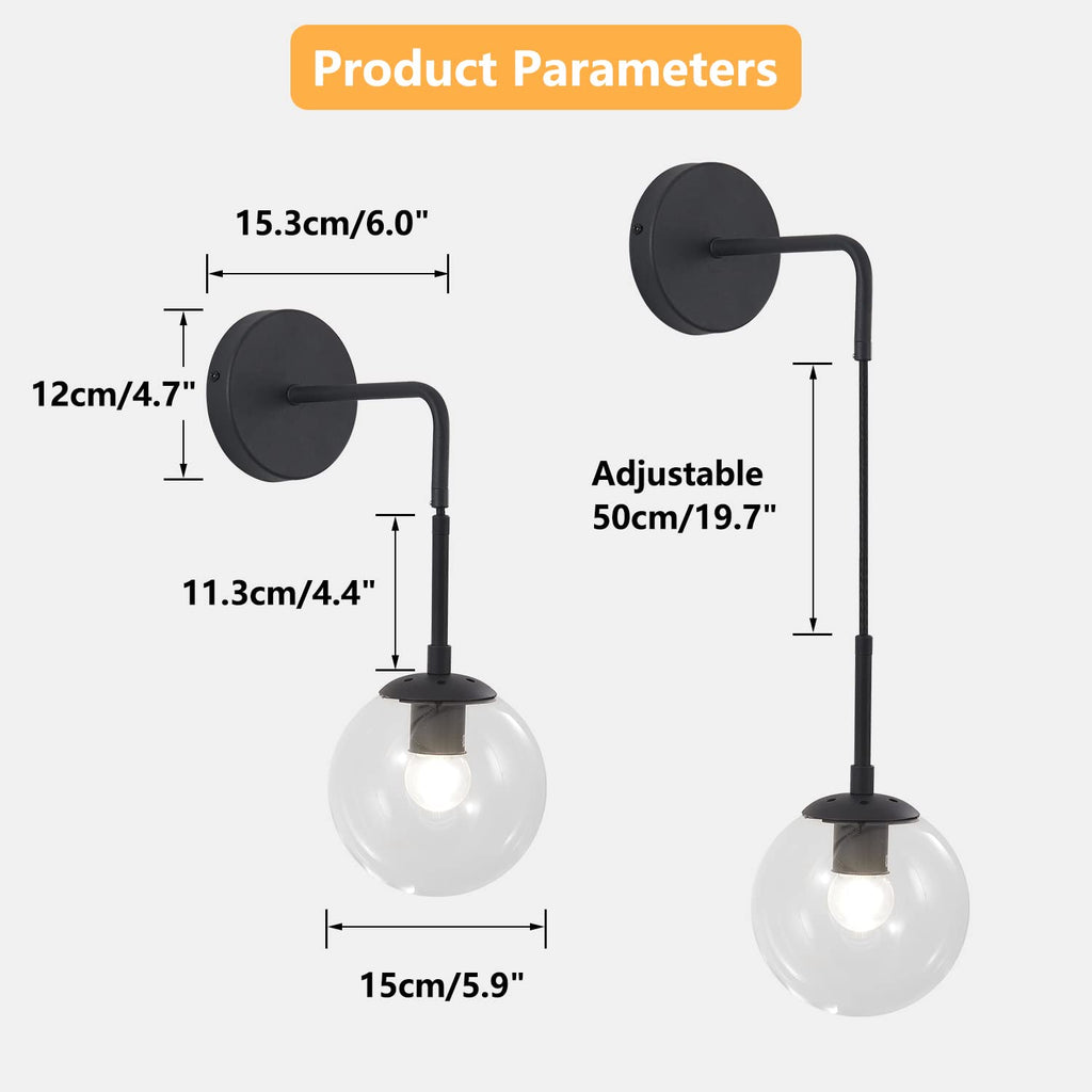 BOKT Mid Century Modern Black Wall Sconce Light Clear Glass Globe Ball Wall