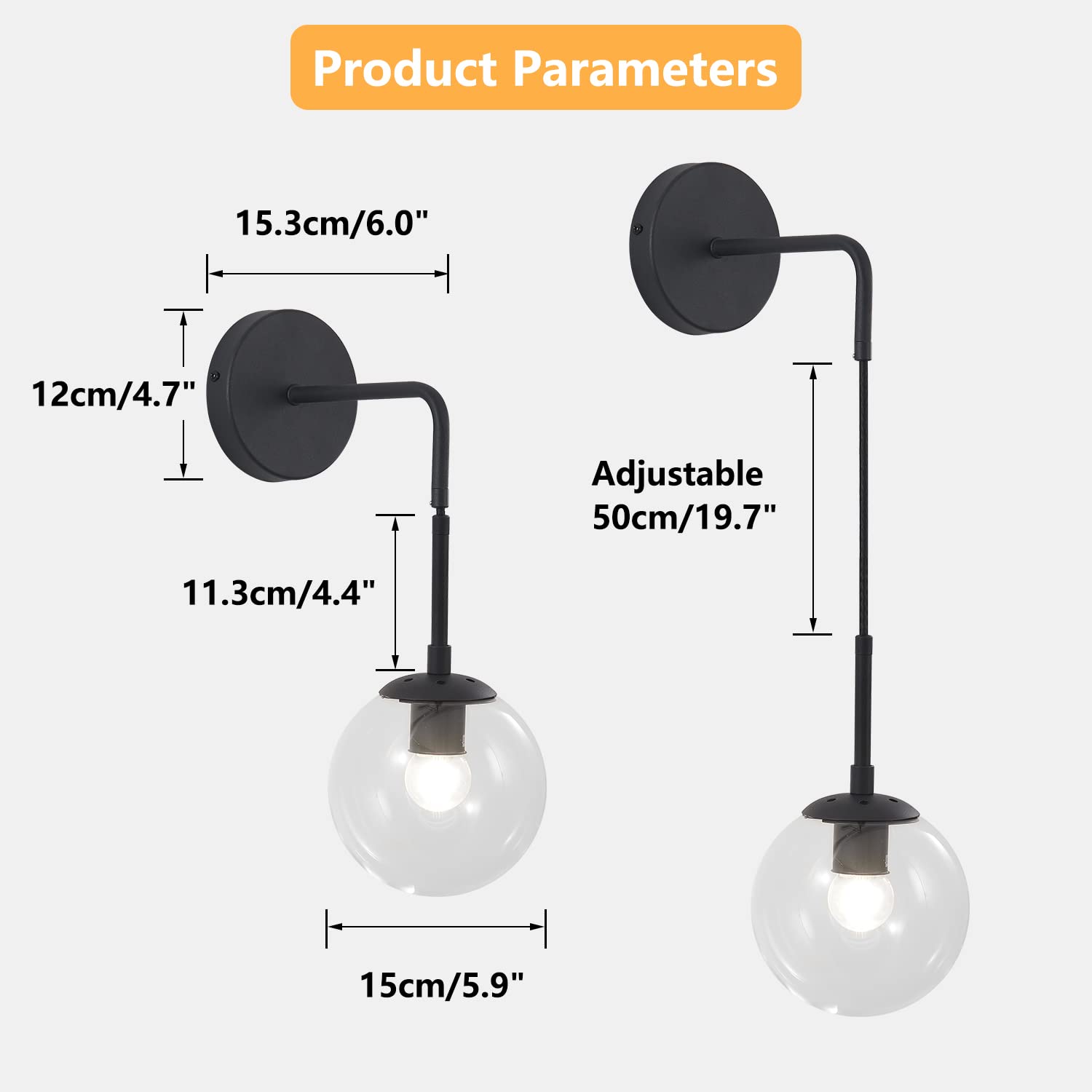 BOKT Mid Century Modern Black Wall Sconce Light Clear Glass Globe Ball Wall