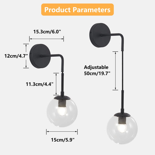 BOKT Mid Century Modern Black Wall Sconce Light Clear Glass Globe Ball Wall