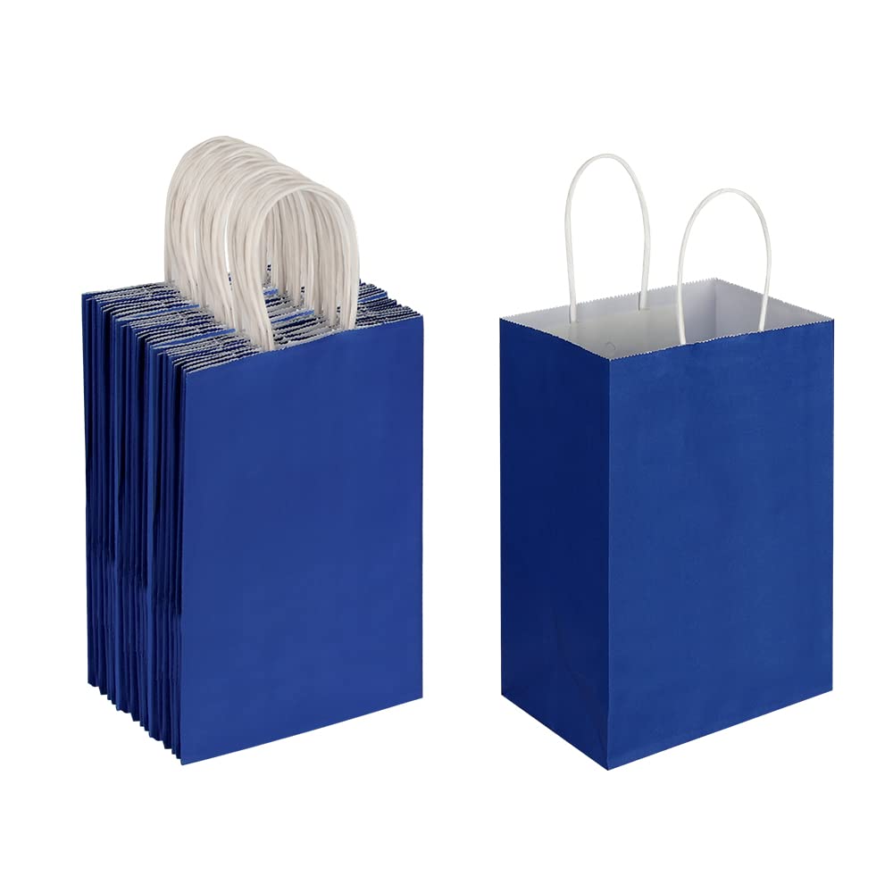 Oikss 50 Pack 5.25x3.25x8.25 Inch Small Royal Blue Kraft Paper Bags with Handles