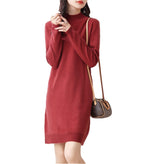 Ailaile 100% Merino Wool Sweater Dress Women's Long Sleeve Mock Neck Pullover