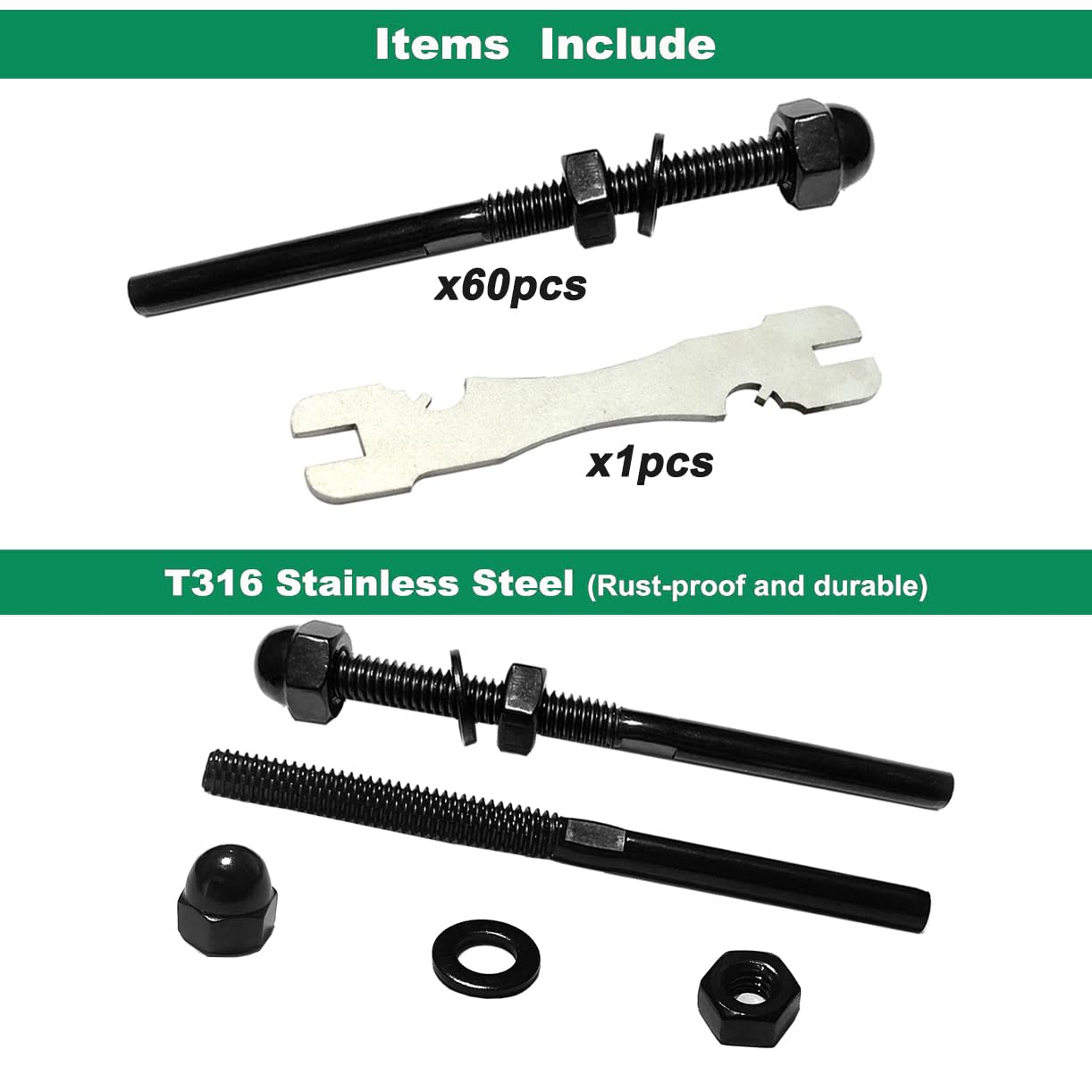 20 Count Sowtowe 1/8 Black Cable Railing Hardware, T316 Stainless Steel Cable
