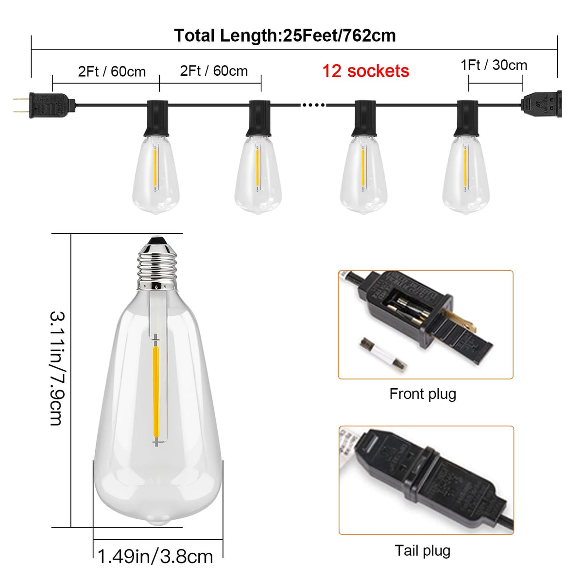 TAICORE Outdoor String Lights with ST38 Clear Globe Bulbs, Black Cord,