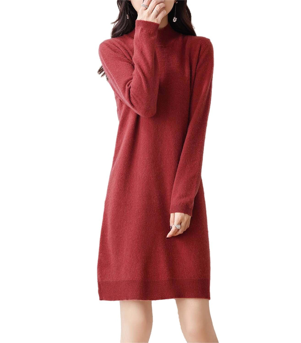 Ailaile 100% Merino Wool Sweater Dress Women's Long Sleeve Mock Neck Pullover