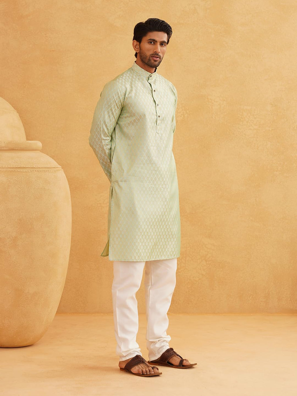 Sojanya (Since 1958 Men'S Jacquard Silk Pista Green Self Design Only Kurta, Size 38