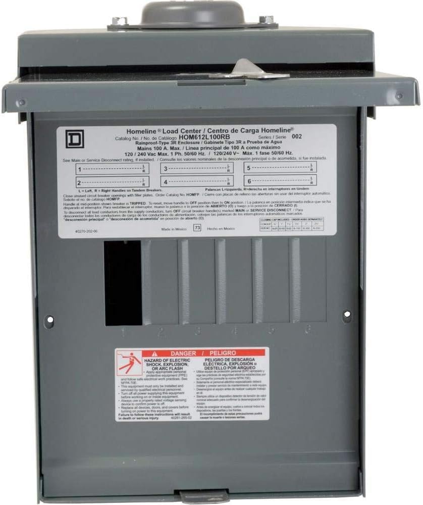 Square D 100 Amp Outdoor Load Center 6 Space 12 Circuit NEMA 3R HOM612L100RB