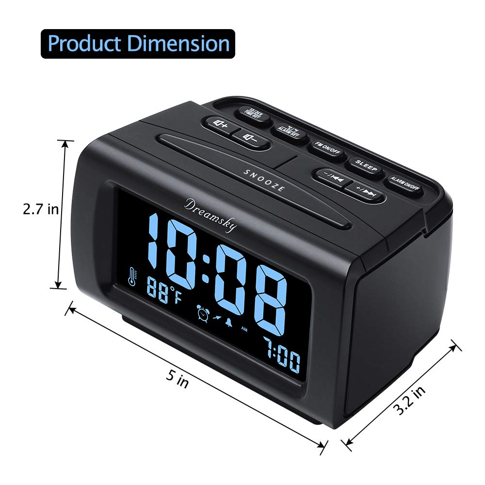 DreamSky Alarm Clock Radio Bedroom Battery Backup Large Display USB FM Snooze