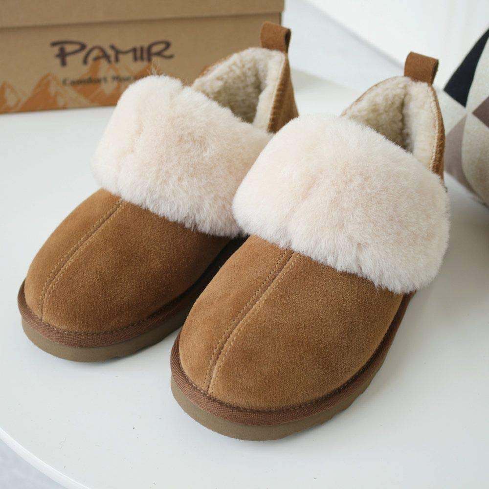 PAMIR Women's Winter Warm House Shoes & Slipper Boots - Indoor Outdoor Ankle Booties with Genuine Suede, Sheepskin Trim & Memory Foam, Chestnut, Size 8 US