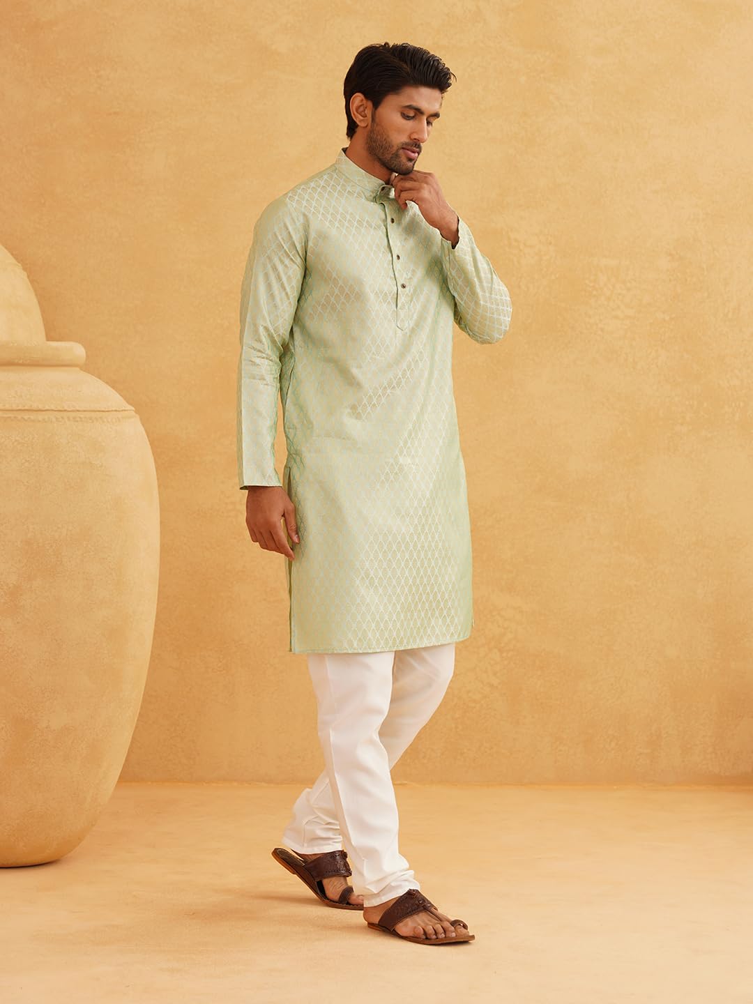 Sojanya (Since 1958 Men'S Jacquard Silk Pista Green Self Design Only Kurta, Size 38