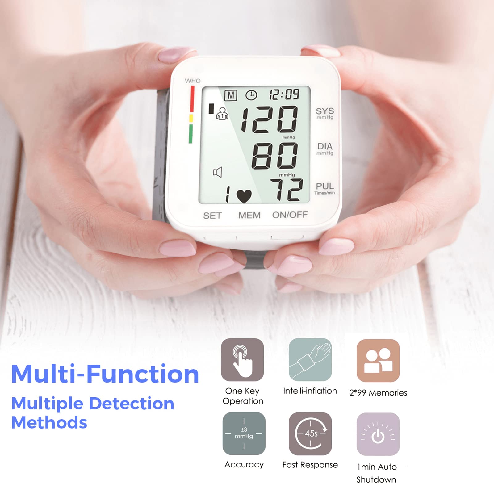 MMIZOO Wrist Blood Pressure Monitor Large LCD Display BP Machine Adjustable Cuff