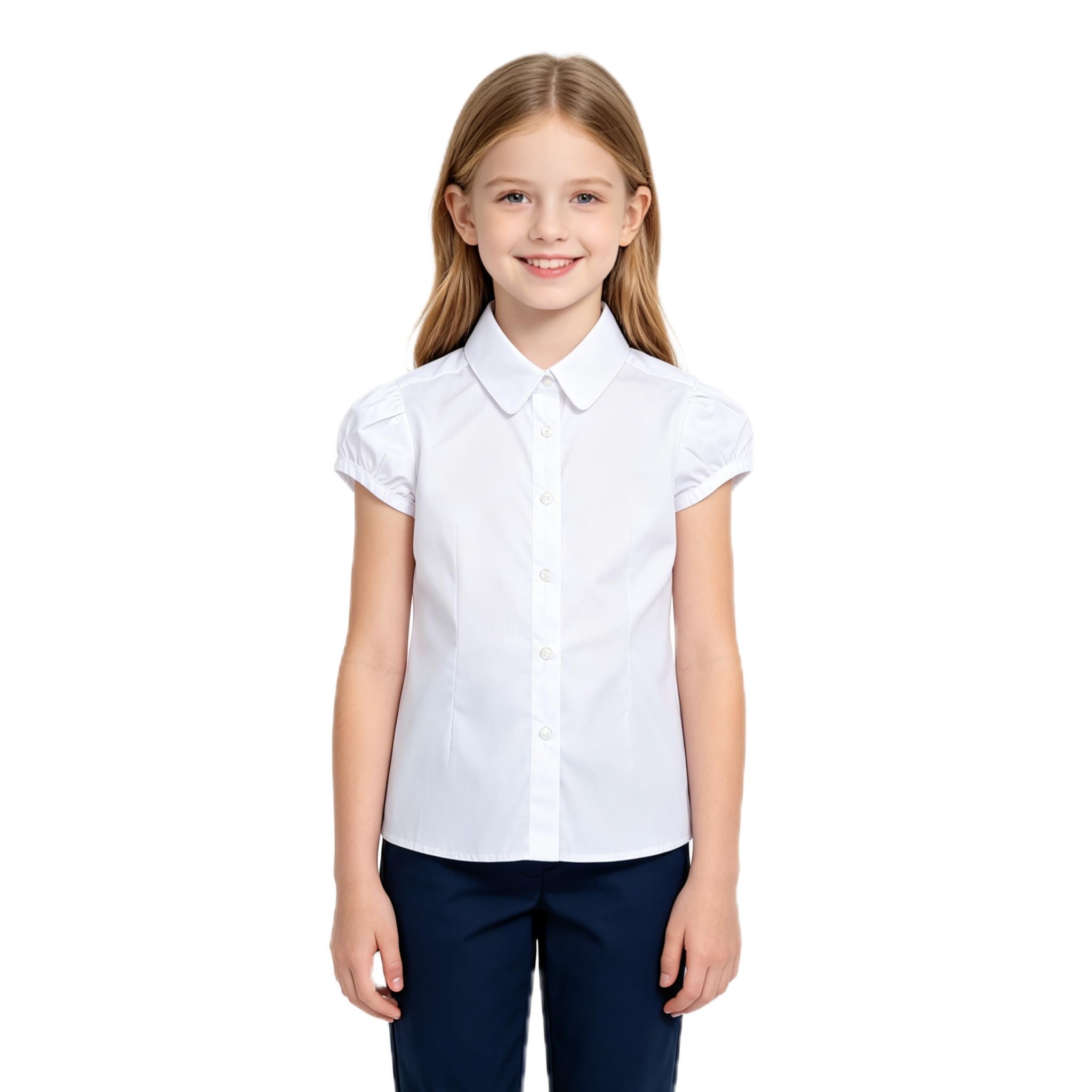 Bienzoe White Girls Cotton Blouse: Short Sleeve Wrinkle-Free School Uniform