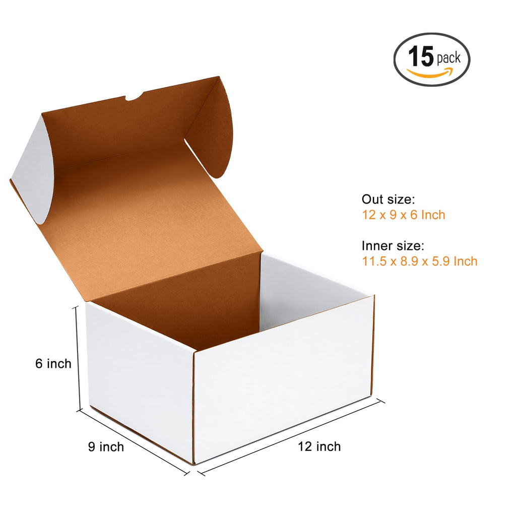 JOWLOT 12x9x6 inch Shipping Boxes Set of 15, White Corrugated Cardboard Box