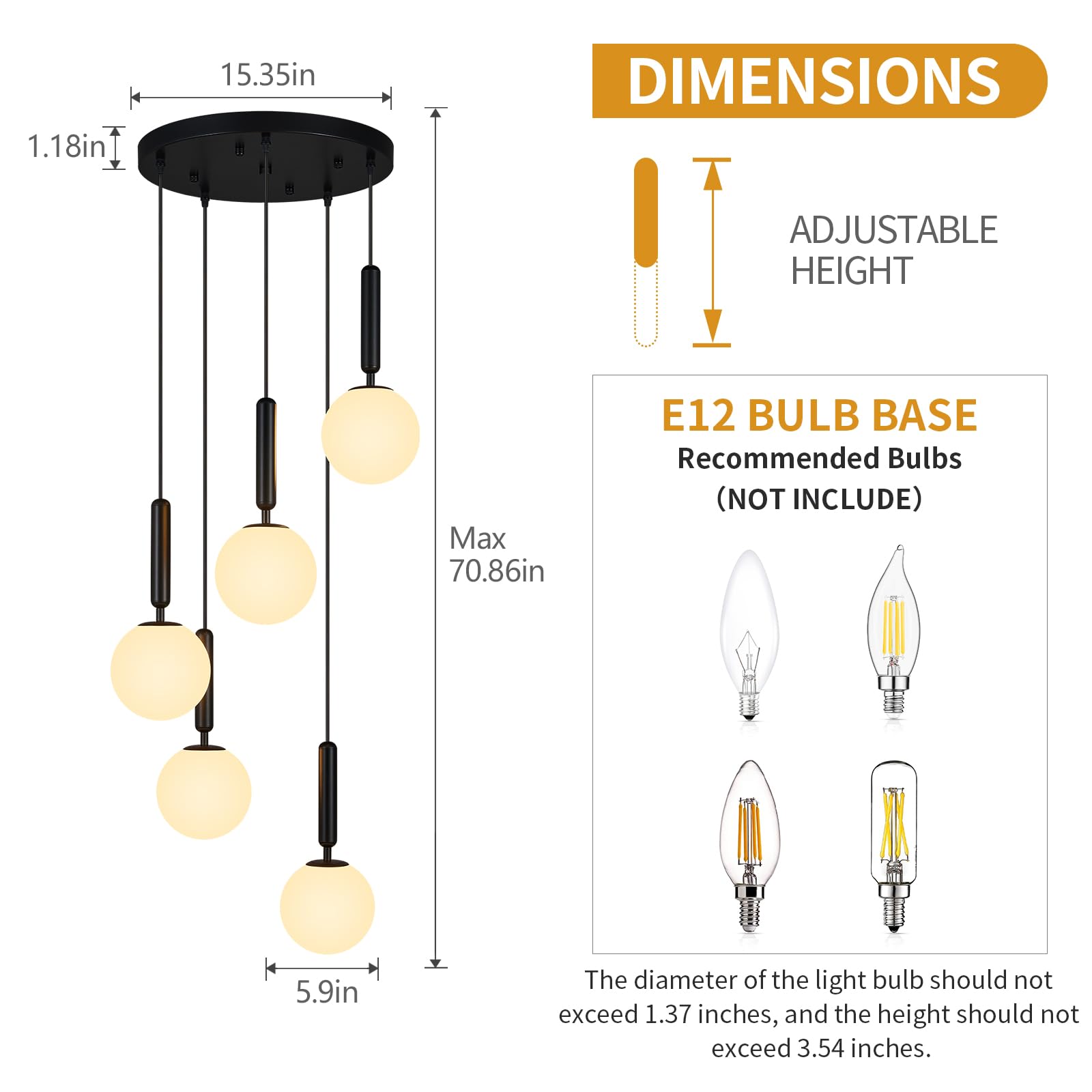 5 Light Black Globe Pendant Light Mid Century Modern Milk Glass Kitchen Island