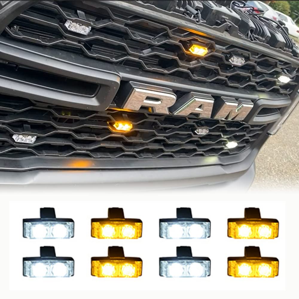 NAAMOTOMOX 2-LED Emergency Warning Grille Flash Strobe Lights Bar with Clips + Control Box Kit (Amber White, 8 pcs)