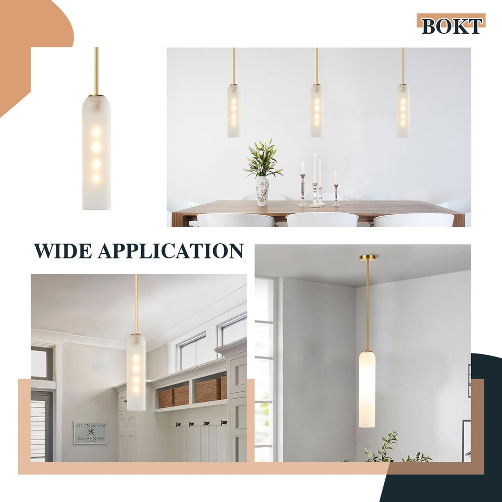 BOKT Gold Pendant Light Milk Glass Cylinder Hanging Lamp Brass Kitchen Island