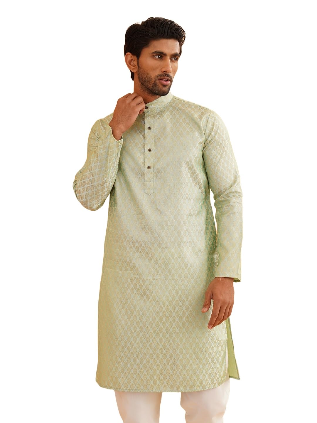 Sojanya (Since 1958 Men'S Jacquard Silk Pista Green Self Design Only Kurta, Size 38