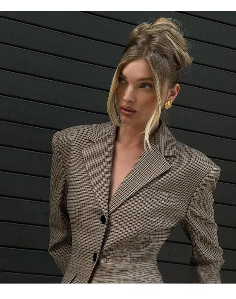 Mrjitor Women's Houndstooth Suit Single Breasted Button Jacket Mini Skirt Notch