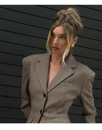 Mrjitor Women's Houndstooth Suit Single Breasted Button Jacket Mini Skirt Notch