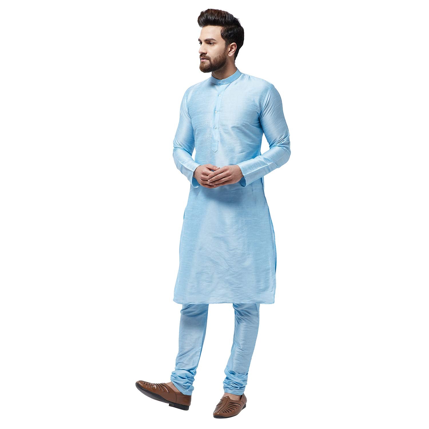 Sojanya (Since 1958 Men'S Silk Blend Sky Blue Kurta & Churidaar Pyjama Set, Size