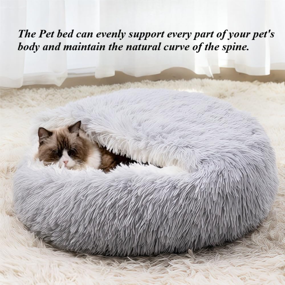 Hooded Cat Bed Cave Round Donut 19.69 inch Plush Anti-Anxiety Calming Dog Bed