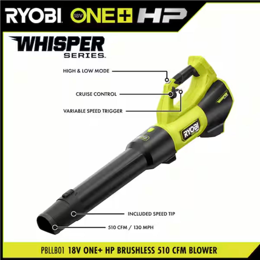 RYOBI ONEAND HP 18V BRUSHLESS Whisper Series 130 MPH 510 CFM Cordless Battery