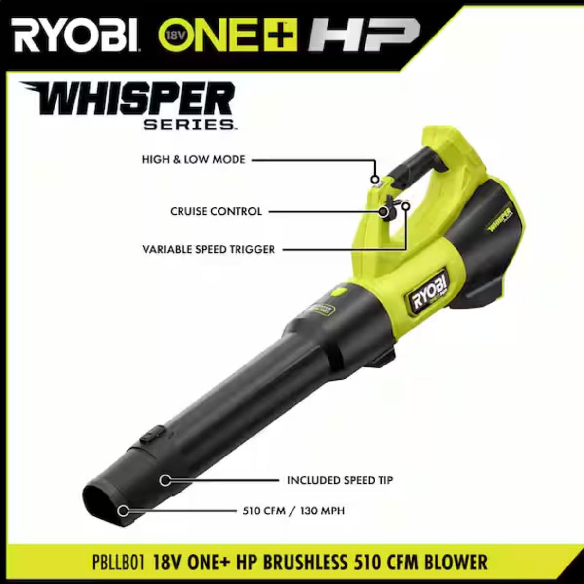 RYOBI ONEAND HP 18V BRUSHLESS Whisper Series 130 MPH 510 CFM Cordless Battery