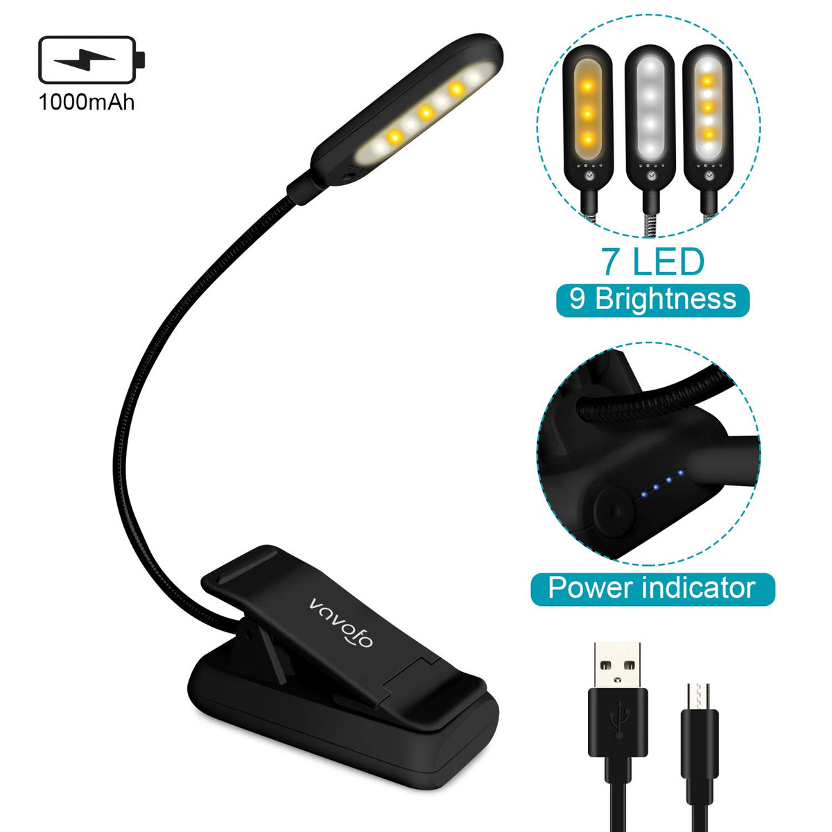 VAVOFO Rechargeable Reading Light 7 LEDs with 9 Color Temperature 9 Brightness