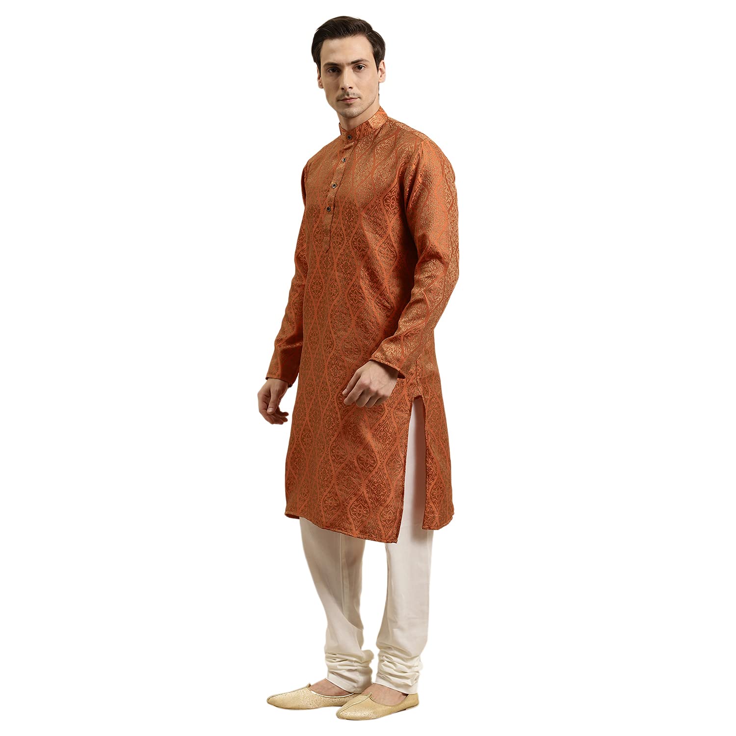 Sojanya (Since 1958 Men'S Jacquard Silk Orange & Gold Kurta & Off-White Churidar