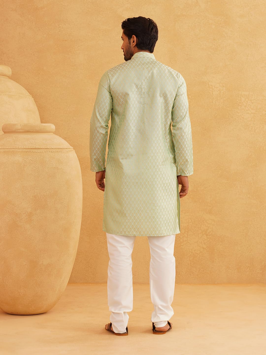 Sojanya (Since 1958 Men'S Jacquard Silk Pista Green Self Design Only Kurta, Size 38