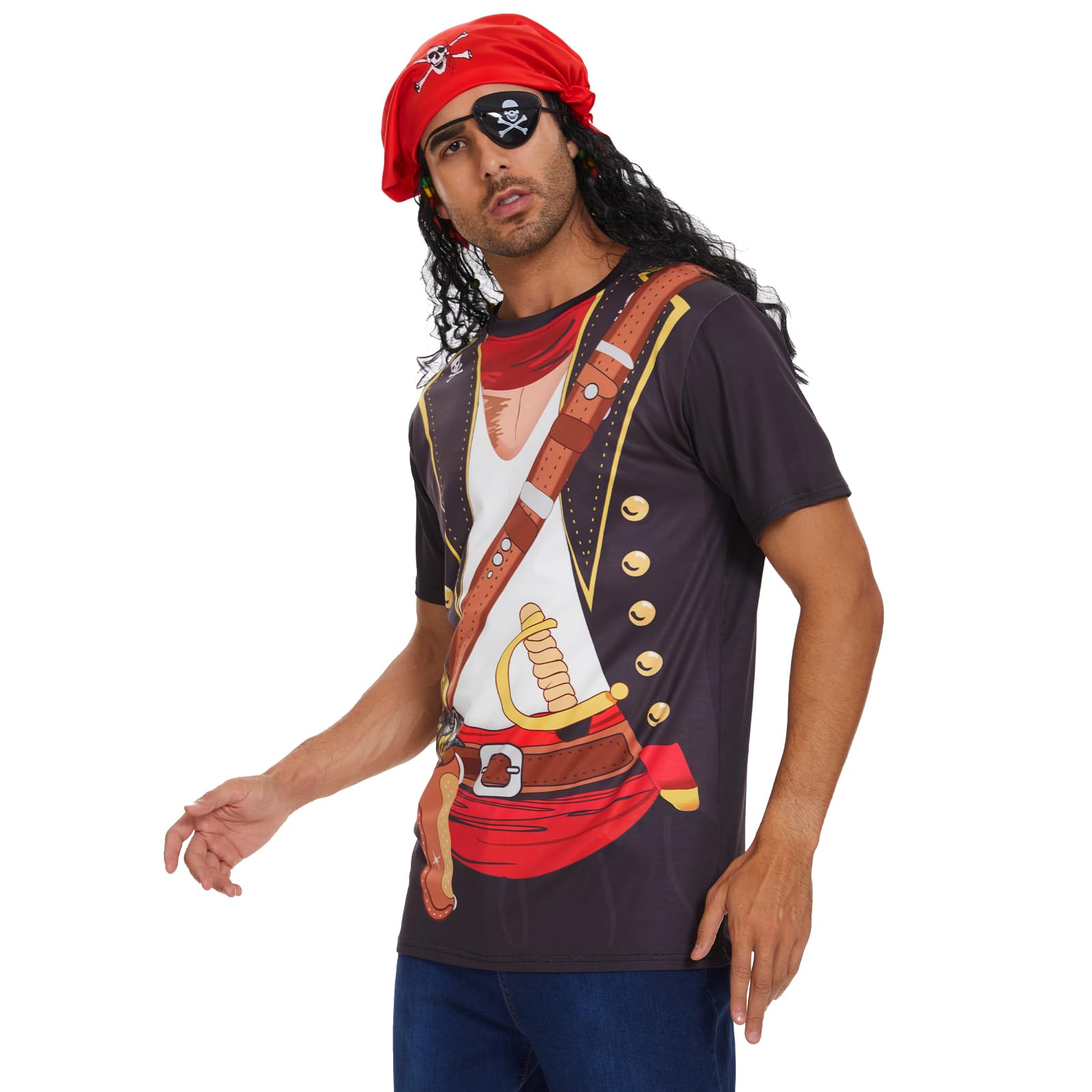Vegove Novelty Men's Pirate Costume T-Shirts Set, 3D Caribbean Cruise Night