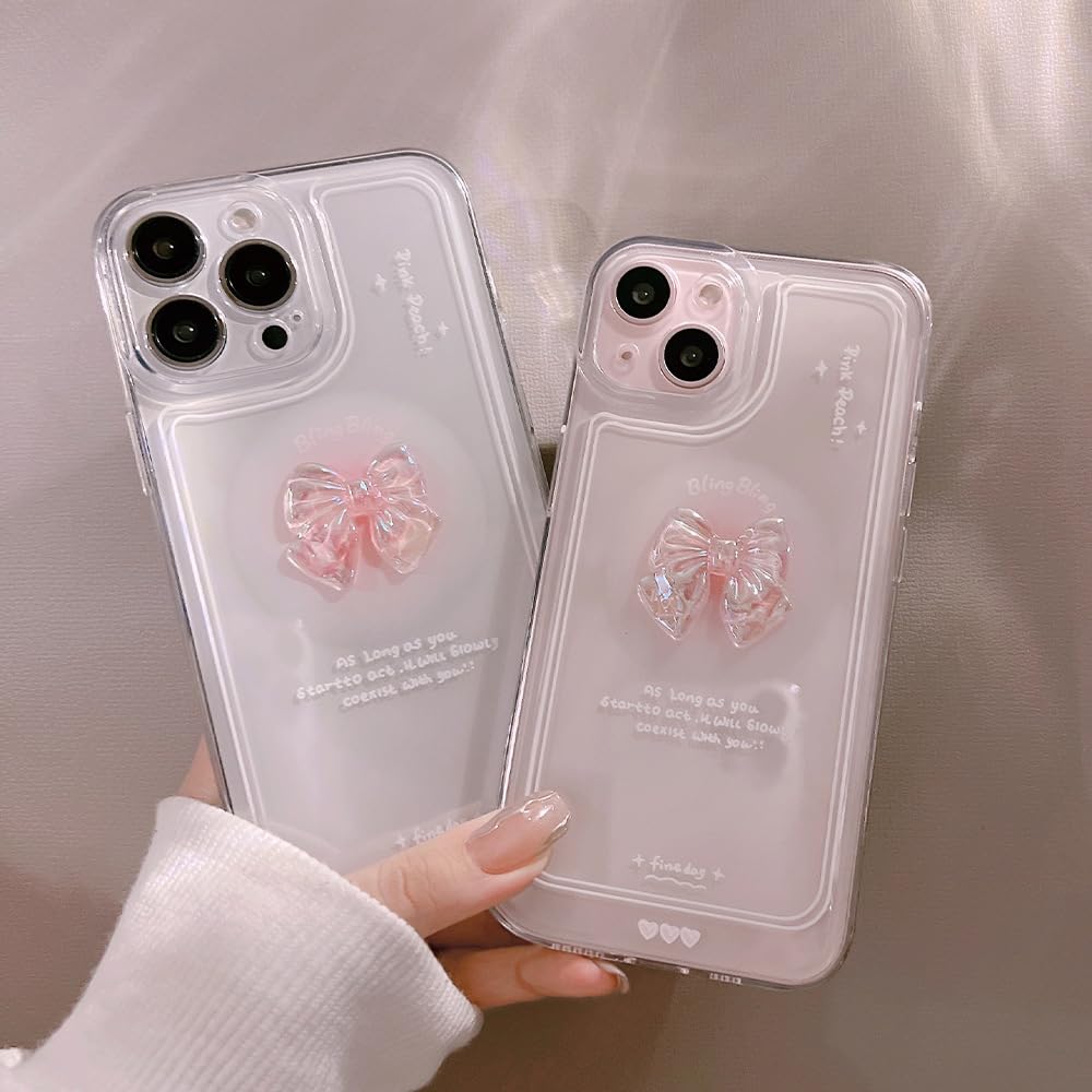 Ownest Compatible for iPhone 14 Pro Max Cute 3D Pink Bowknot Slim Clear