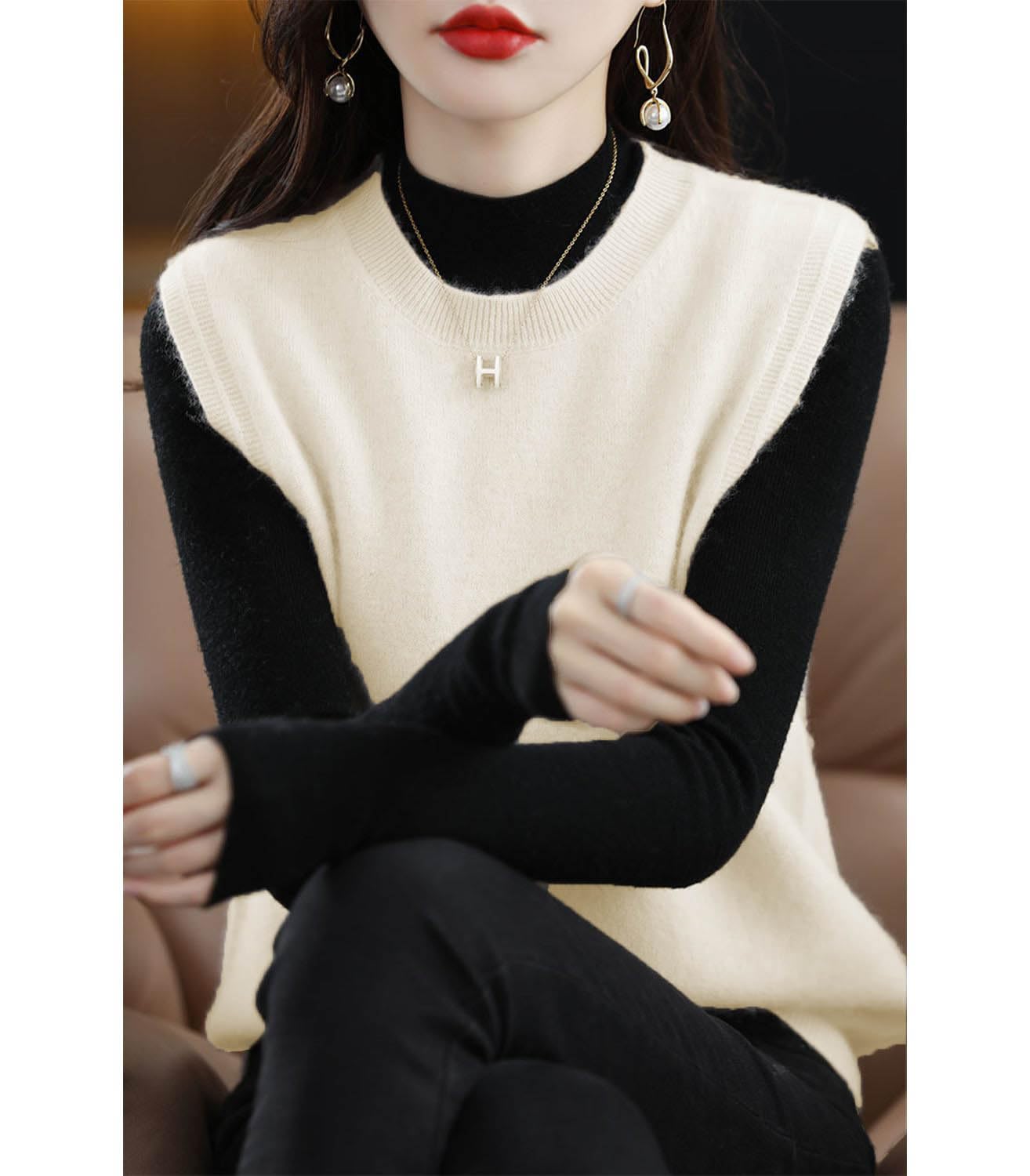 Ailaile Knitted O-Neck Vest Women's Sweater 100% Merino Wool Sleeveless Pullover